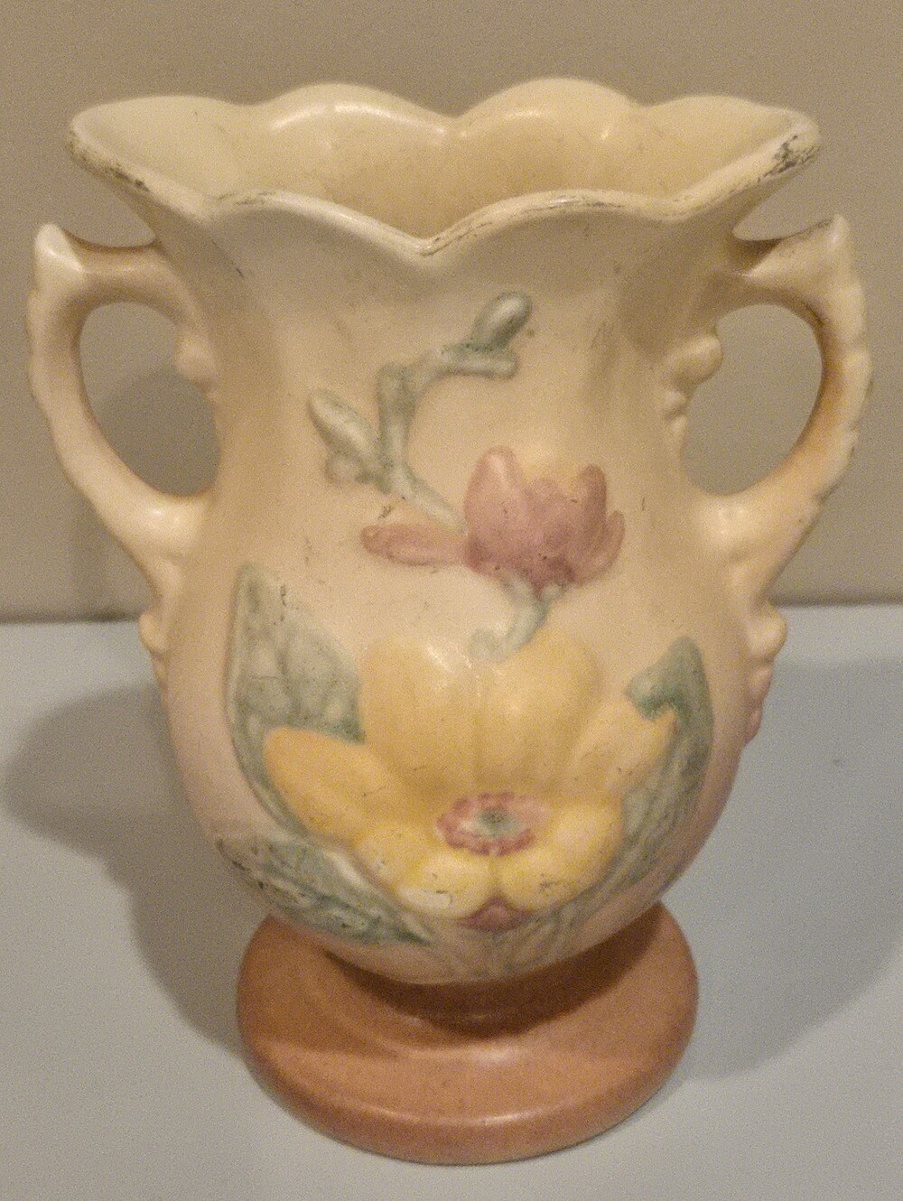 Vintage Hull  Two-Handled Floral Ceramic Vase — Cream with Yellow & Pink Flowers